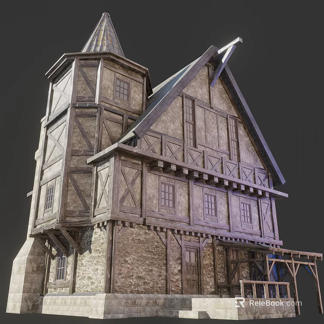 Ancient Architecture Structure Featuring Wooden Frame Tower Stone Walls and Classic Gabled Roof 3d model 