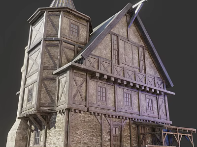 Ancient Architecture Structure Featuring Wooden Frame Tower Stone Walls and Classic Gabled Roof 3d model