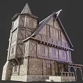 Ancient Architecture Structure Featuring Wooden Frame Tower Stone Walls and Classic Gabled Roof