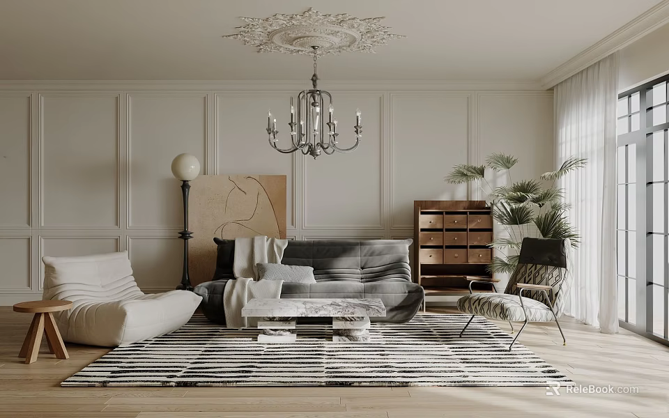 Elegant Modern Living Room Interior With Chandelier Striped Rug Sofa And Chair 3d model 