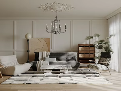 Elegant Modern Living Room Interior With Chandelier Striped Rug Sofa And Chair 3d model