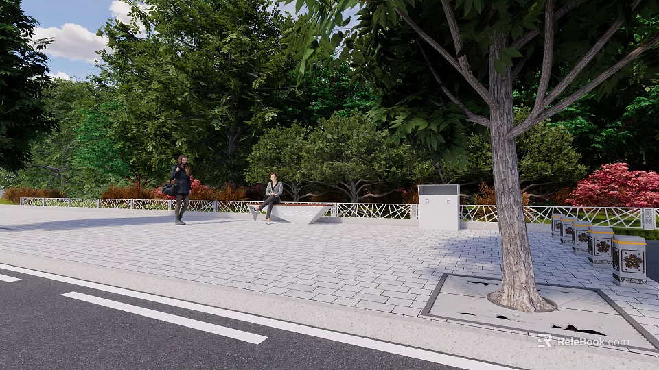 Outdoor Public Space With People Walking Green Trees And Paved Pathway 3d model