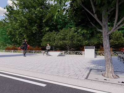 Outdoor Public Space With People Walking Green Trees And Paved Pathway 3d model