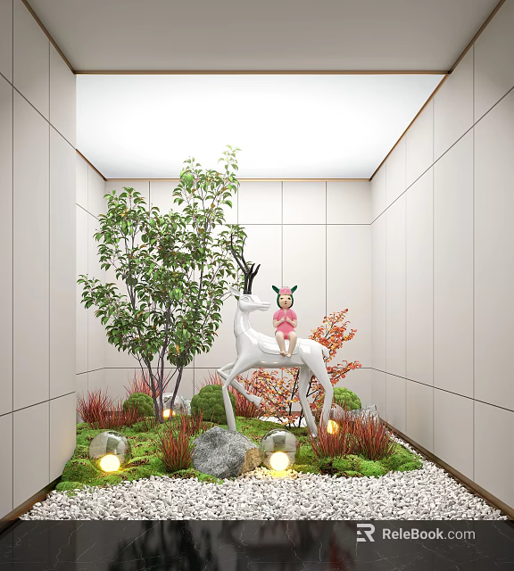 Indoor Landscape Interior With White Deer Sculpture Pink Doll Green Plants Stones And Glowing Lights 3d model 