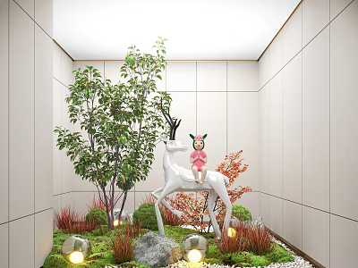 Indoor Landscape Interior With White Deer Sculpture Pink Doll Green Plants Stones And Glowing Lights 3d model