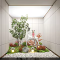 Indoor Landscape Interior With White Deer Sculpture Pink Doll Green Plants Stones And Glowing Lights