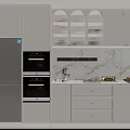 Modern White Kitchen Sideboard With Glass Cabinet Doors Drawers And Marble Countertop