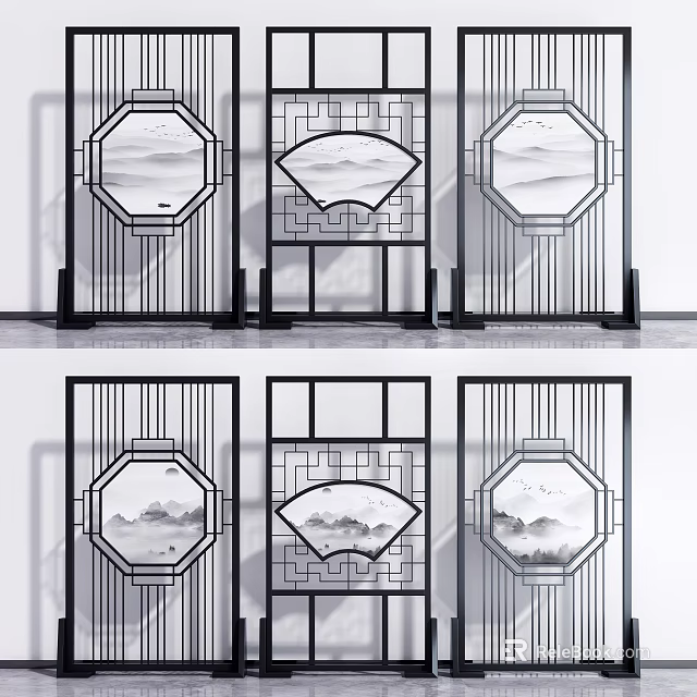 Modern Oriental Room Divider With Geometric Frames And Ink Landscape Prints 3d model