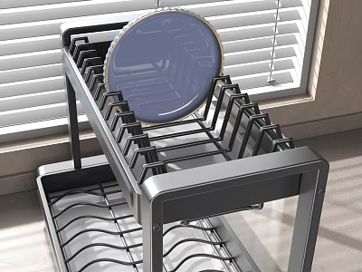 Black Dish Rack with Blue Plate in Modern Kitchen with Window Blinds 3d model