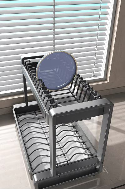Black Dish Rack with Blue Plate in Modern Kitchen with Window Blinds 3d model