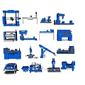 Various Blue Industrial Equipment Models Including Lathe Milling Machine And Crane