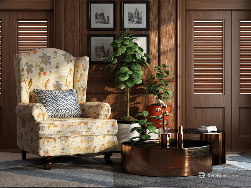 Beige Floral Armchair With Blue Cushion Green Plants Copper Table And Wooden Wall Artworks 3d model 