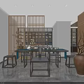 Elegant Chinese Specialty Store Interior With Wooden Shelves Tables Chairs And Display Products