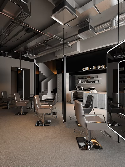 Modern Hair Salon Interior Design With Styling Chairs Mirrors And Reception Counter 3d model