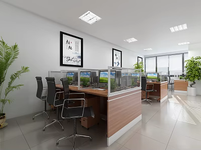 Well Lit Public Office Area With Wooden Desks Computers Office Chairs And Potted Plants 3d model