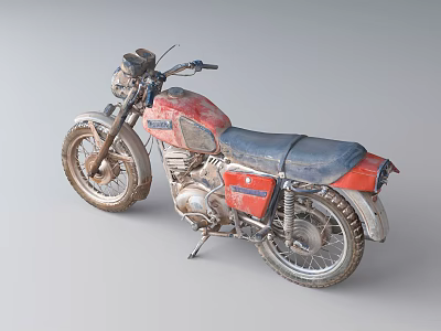 Vintage Red and Blue Motorcycle with Classic Worn Design and Retro Style Details 3d model
