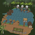 Scenic Park Landscape With Pond Wooden Platforms Cottages Palm Trees And Umbrellas