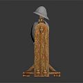 Silver Medieval Helmet On Wooden Stand With Wooden Rack And Metal Hooks