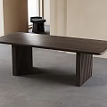 Dark Brown Long Dining Table With Vertical Striped Legs On Gray Floor And Beige Walls