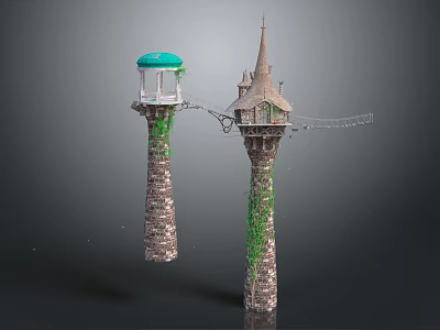 Cartoon Scenery Featuring Stone Towers With Green Dome Spire Vines And Rope Bridge 3d model