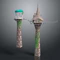 Cartoon Scenery Featuring Stone Towers With Green Dome Spire Vines And Rope Bridge