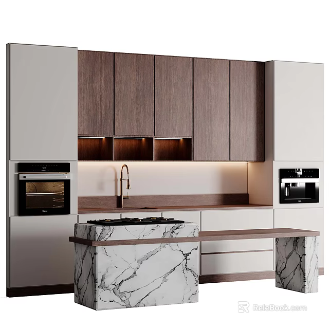 Modern Kitchen Interior Design Featuring Wooden Cabinets Marble Counter Island Oven Microwave And Lighting 3d model 