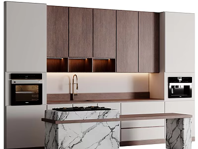 Modern Kitchen Interior Design Featuring Wooden Cabinets Marble Counter Island Oven Microwave And Lighting 3d model