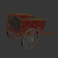 Vintage Red Wooden Cart With Large Spoked Wheels And Wooden Cargo Bed