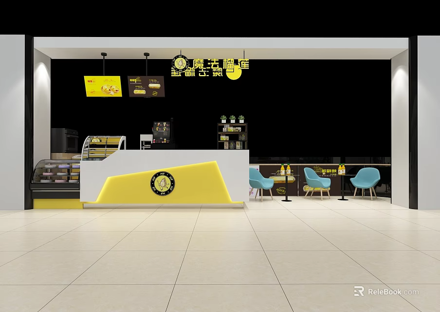 Bubble Tea Shop Interior With Yellow White Counter Blue Chairs Black Background And Hanging Lights 3d model 
