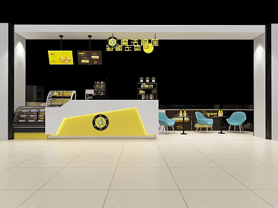 Bubble Tea Shop Interior With Yellow White Counter Blue Chairs Black Background And Hanging Lights 3d model