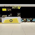 Bubble Tea Shop Interior With Yellow White Counter Blue Chairs Black Background And Hanging Lights
