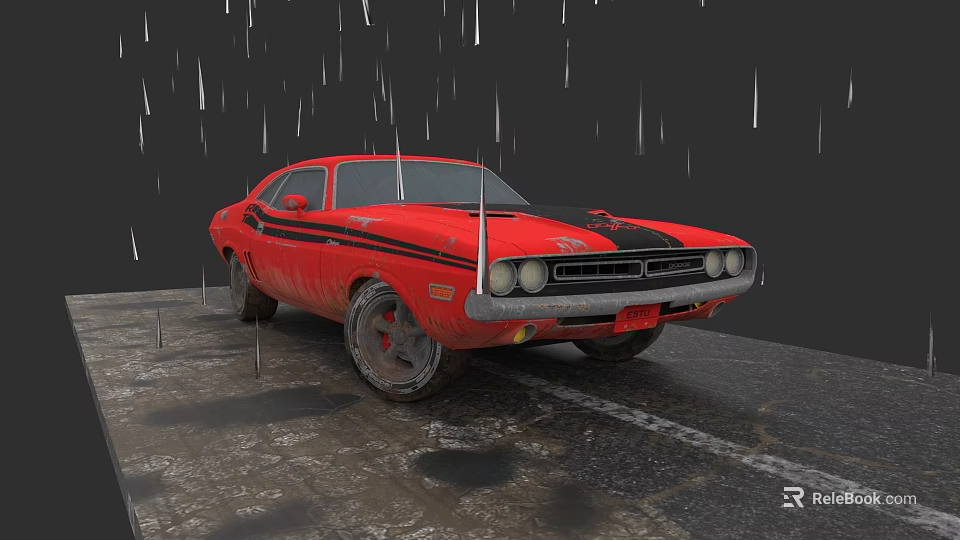 Red Classic Muscle Car With Black Stripes On Muddy Wet Ground During Rain 3d model 