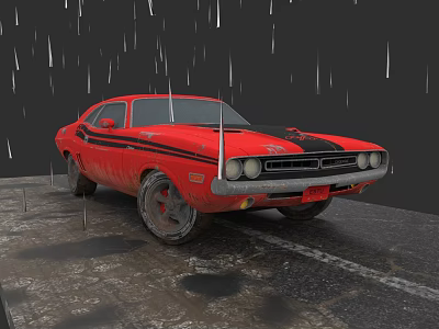 Red Classic Muscle Car With Black Stripes On Muddy Wet Ground During Rain 3d model