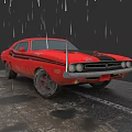 Red Classic Muscle Car With Black Stripes On Muddy Wet Ground During Rain