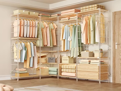 Modern Open Wardrobe Storage Shelves With Hanging Clothes And Stacked Bins 3d model