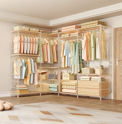 Modern Open Wardrobe Storage Shelves With Hanging Clothes And Stacked Bins 3d model
