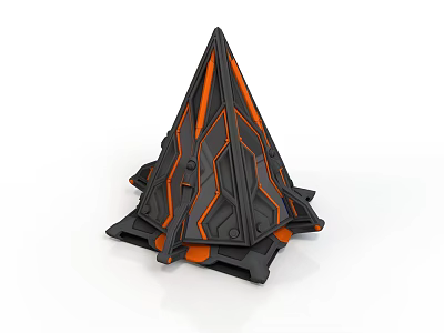 Black And Orange Futuristic Conical 3D Structure With Geometric Lines And Support Base 3d model
