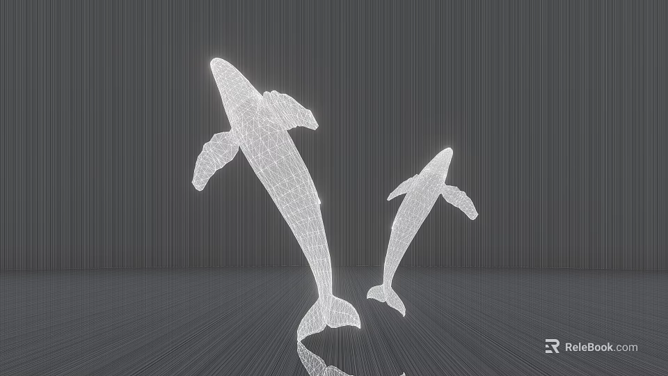 Two Modern Wireframe 3D Dolphin Sculptures with White Finish and Reflective Surface 3d model 