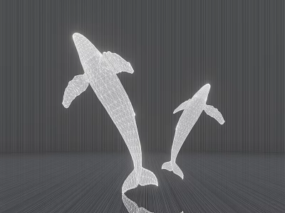 Two Modern Wireframe 3D Dolphin Sculptures with White Finish and Reflective Surface 3d model