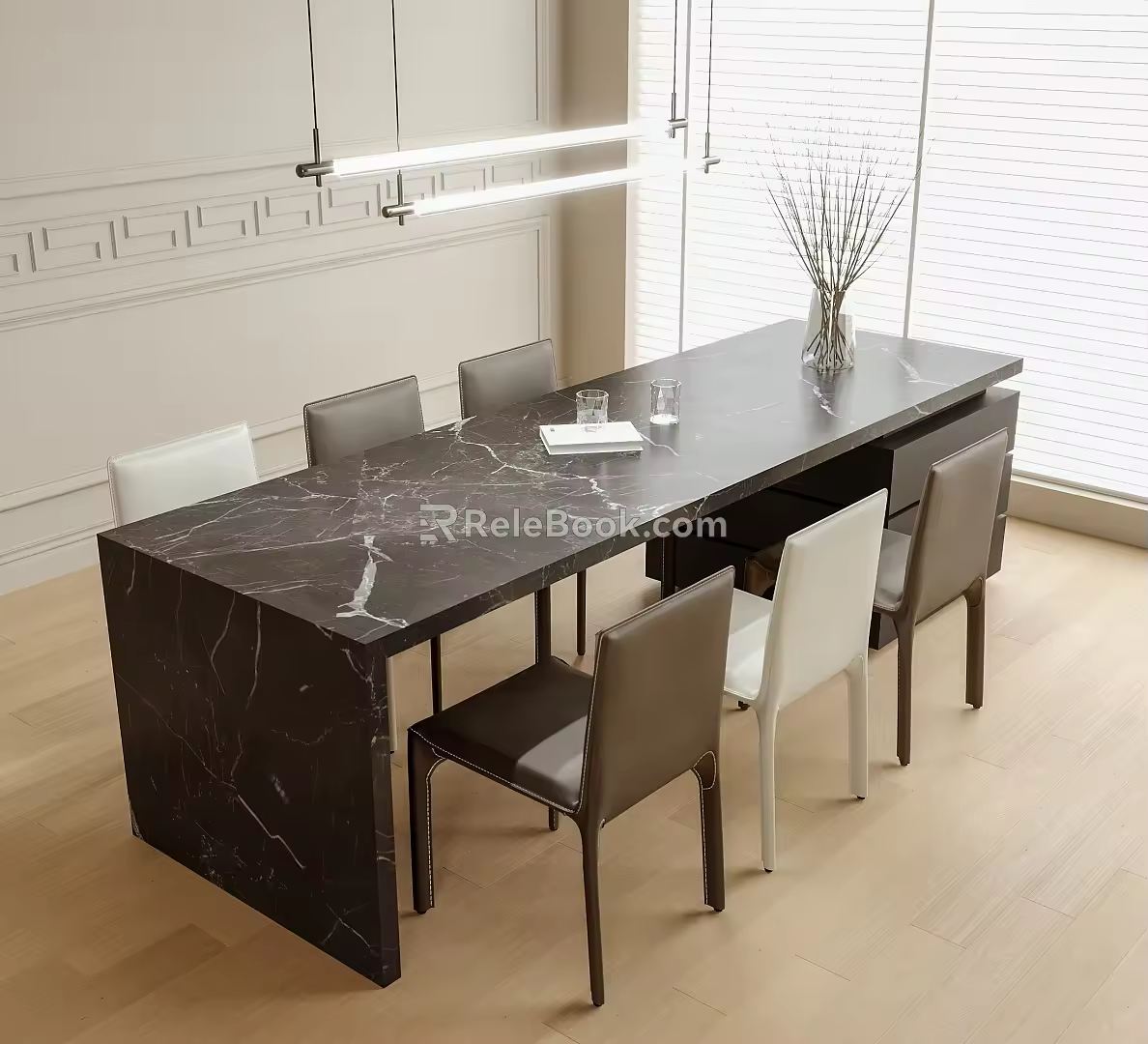 Modern Dining Table and Chair Combination Dining Table Single Chair Chandelier 3d model