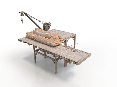 Efficient Industrial Wood Processing Equipment Cutting Logs with Workbench Mechanical Arm and Sawdust 3d model