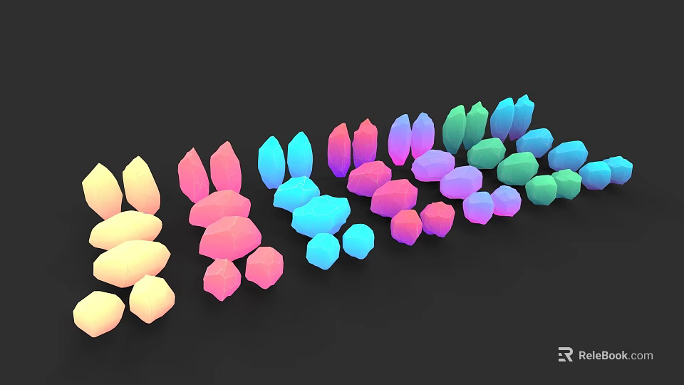 Various Colorful Abstract Decorative Objects Arranged In Row On Black Background 3d model 