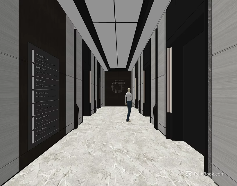 Modern Elevator Hallway Interior With Marble Floor And Ceiling Design 3d model