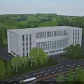 Modern White Office Building Exterior With Green Trees And Surrounding Road