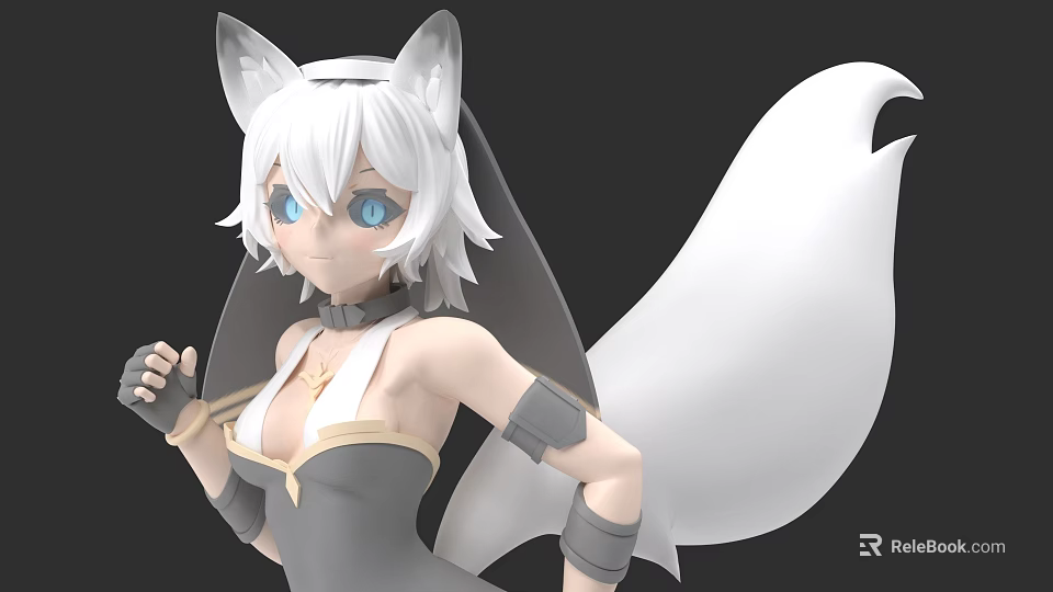 Woman with White Hair Fox Ears Blue Eyes and White Tail Wearing Gray Dress 3d model 