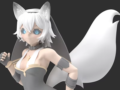 Woman with White Hair Fox Ears Blue Eyes and White Tail Wearing Gray Dress 3d model