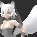 Woman with White Hair Fox Ears Blue Eyes and White Tail Wearing Gray Dress