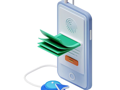 Smartphone With Fingerprint Scanner Ejecting Green Cards And Blue Accessory 3d model
