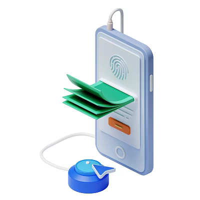 Smartphone With Fingerprint Scanner Ejecting Green Cards And Blue Accessory 3d model