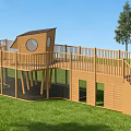 Kindergarten Outdoor Wooden Play Structure With Two Story Platform Fenced Area Green Grass Field